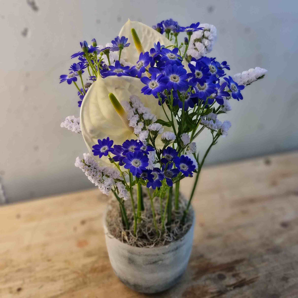 Blumengesteck: Modernes und luftiges Gesteck in Blautöne, Kreation von fleurs-devie.ch - arrangement floral moderne et aéré dans les tons bleus, création de fleurs-devie.ch